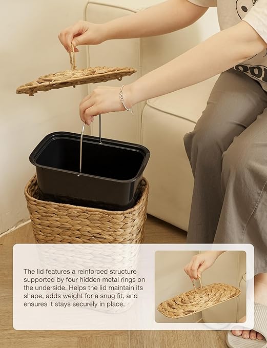 4 GALLONS Wicker Waste Basket - Wicker Trash Can with Lid - Water Hyacinth Bathroom Garbage Can with a Lid - Bathroom Trash Can Boho Style - Removable Liner, Iron Frame (Natural, 4 Gallons)