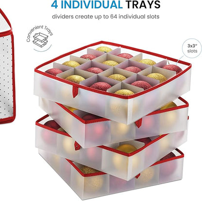 ZOBER Christmas Ornament Storage Box Plastic - Stores 64 3" Ornaments with Individual Trays - Ornament Organizer Storage Box, Durable Christmas Containers Holder - Red