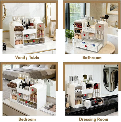LLNTOU Makeup Organizer for Vanity with Brush Holder, Large Cosmetic & Skincare Organizer Countertop with Muti-Drawers, Cosmetic Display Case for Lipsticks, Nail Polishes, Perfumes, Eyeshadow (white)