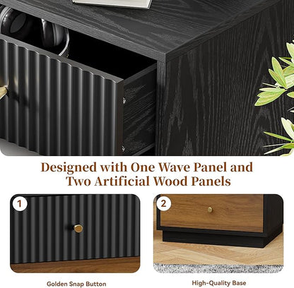 23.6" Tall Night Stand with 3 Storage Drawers, Fluted Nightstand with Metal Handles, Modern End Table Bedside Table Chest for Bedroom, Black and Walnut
