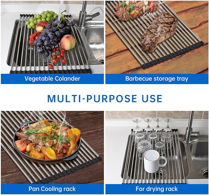 AXIMIXAME Expandable Large Draining Rack, Roll Up Heat-Resistant Dish Drainer for Stainless Steel Sinks, Collapsible Over The Sink Rack Non-Slip Silicone Rolling Up Rack 18 Tube