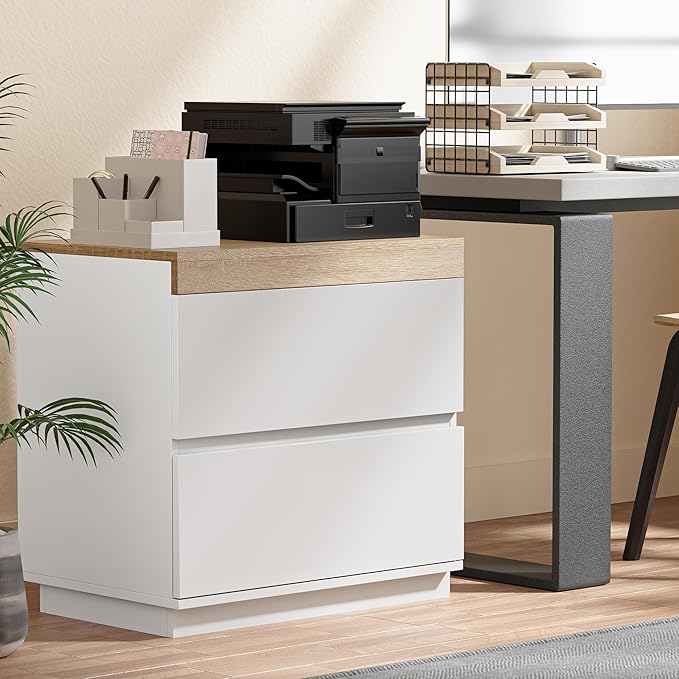 HOCAT Nightstand Set of 2 with Oak Top, 23.7" White Night Stand with 2 Drawers, Modern Bedside Table Wood End Table for Bedroom