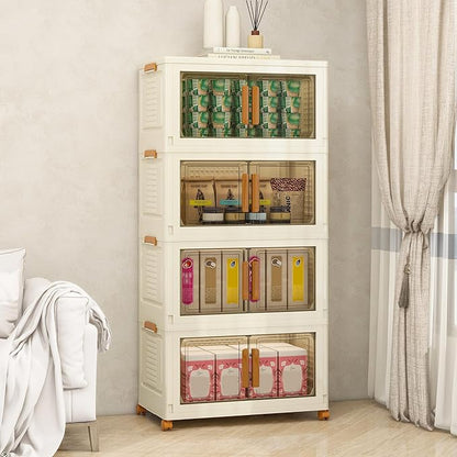 Vavkorkula Plastic Stackable Storage Bins with Lids and Wheels, 358.4QT-89.6QT*4Tier Foldable Closet Organizers and Containers, Collapsible Clear Drawer Storage Cabinet with Doors Ivory White