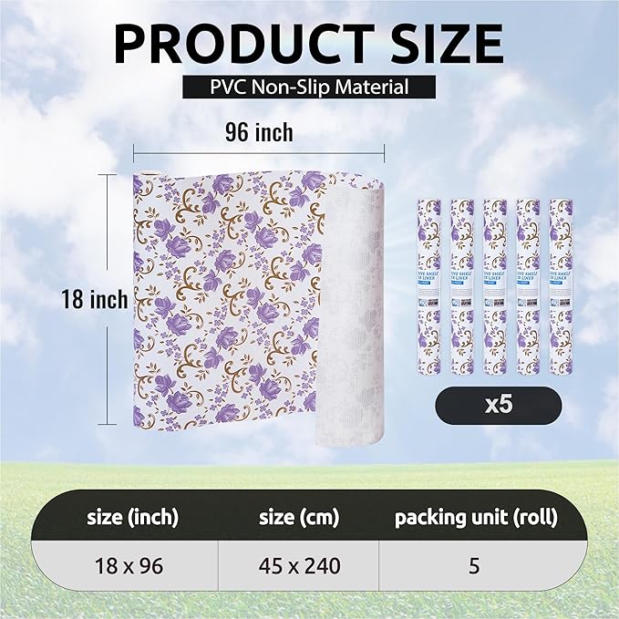 18X96 Inch Shelf Liner for Kitchen Cabinets, PVC Drawer Liner for Dresser Non-Slip Bathroom, Non-Adhesive Cabinet Liner Washable (Purple Floral)(5 Roll)