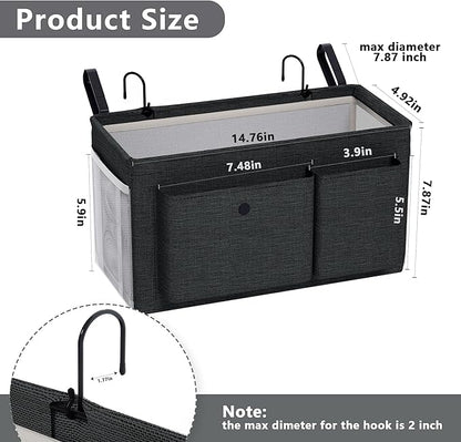 Edudif Bedside Caddy Bedside Organizer with Fixed Straps & Water Bottle Holder, Bunk Bed Caddy ideal for Home, Dorm, Hospital, Crib, Versatile Bedside Storage Solution (Black 2pcs)