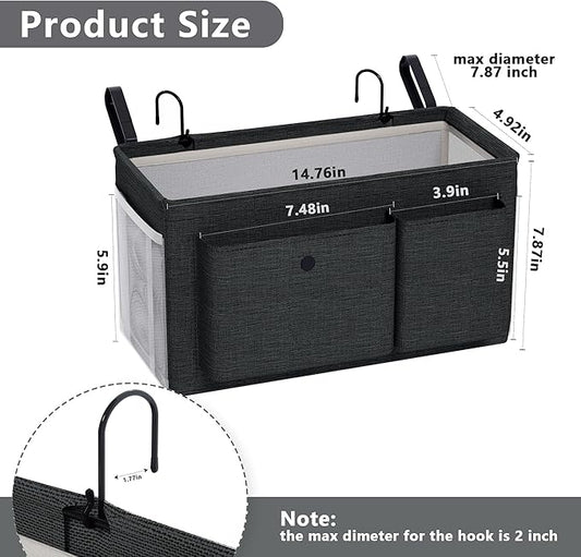 Edudif Bedside Caddy Bedside Organizer with Fixed Straps & Water Bottle Holder, Bunk Bed Caddy ideal for Home, Dorm, Hospital, Crib, Versatile Bedside Storage Solution (Black 2pcs)