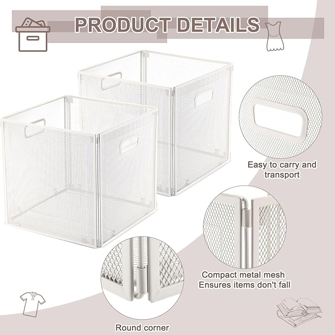 2 Pcs Foldable Metal Cube Storage Baskets 13x13 Kitchen Wire Baskets Stackable Mesh Laundry Organizer Bin with Handles for Shelves Kitchen Pantry Cabinets Closet Food (White)