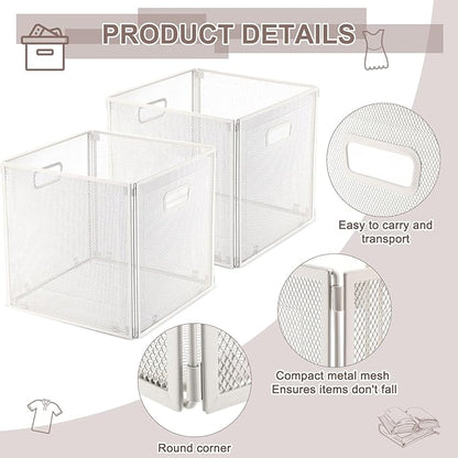 2 Pcs Foldable Metal Cube Storage Baskets 13x13 Kitchen Wire Baskets Stackable Mesh Laundry Organizer Bin with Handles for Shelves Kitchen Pantry Cabinets Closet Food (White)