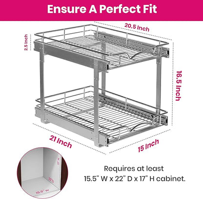 HOLDN’ STORAGE Two Tier Pull Out Cabinet Organizer, Individual Sliding Drawers - Heavy Duty Metal with Lifetime Limited Warranty - Anti Rust Chrome Finish - 15" W x 21”D x 16.5" H