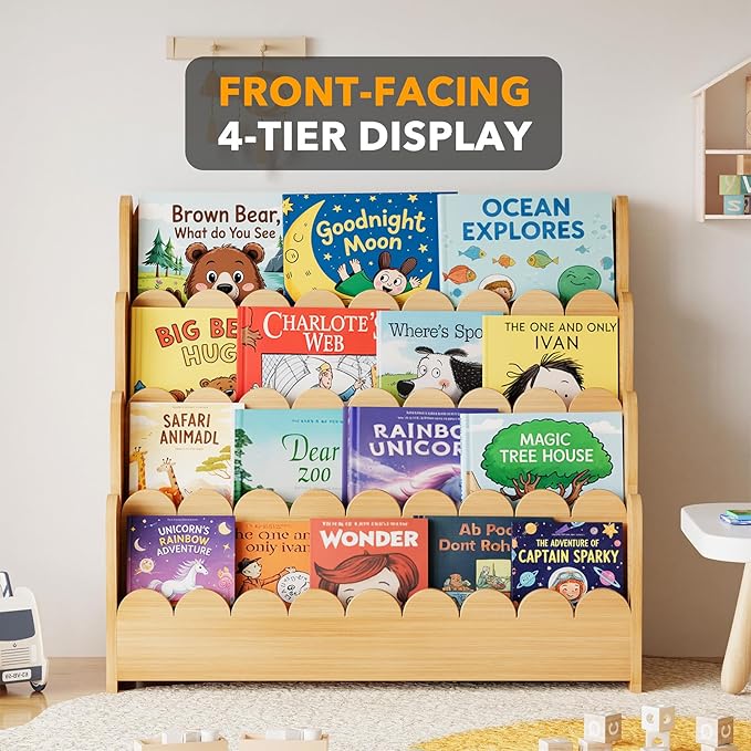 SpaceAid 4-Tier Scalloped Bookshelf, Montessori Bookcase for Toddlers, Wooden Book Shelf Organizer Display Furniture for Kids Rooms, Playroom, Nursery and Classroom, 29.6“ Wide, Natural