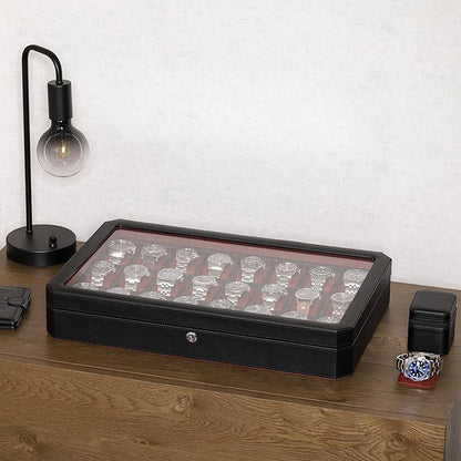 ROTHWELL 24 Slot Watch Case with Lock – Luxury Watch Box to Display and Organize Your Collection | Real Glass Top | Premium Storage for Collectors (Black/Red)