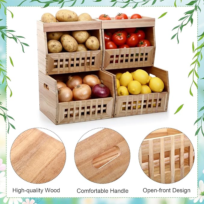 6 Pack Wood Pantry Storage Bins 4 Wooden Storage Bins with 2 Wooden Tray Lids Multipurpose Open Front Stackable Organization Set for Kitchen or Pantry and Fruits Vegetables, Potato & Onion