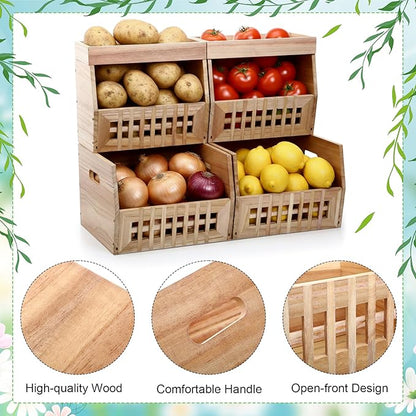6 Pack Wood Pantry Storage Bins 4 Wooden Storage Bins with 2 Wooden Tray Lids Multipurpose Open Front Stackable Organization Set for Kitchen or Pantry and Fruits Vegetables, Potato & Onion