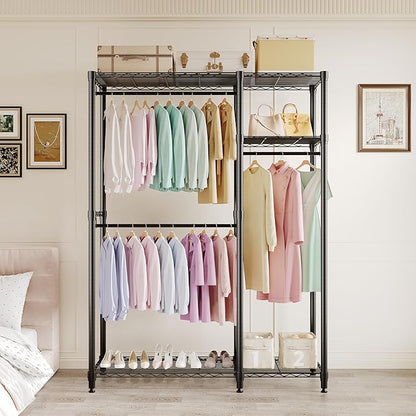 Portable Clothes Rack Heavy Duty Garment Rack, Large Freestanding Closet Wardrobe with Adjustable Shelves & 3 Hanging Rods, Closet Organizer and Storage for Bedroom Cloakroom, 76.5"H x 41.6"L x 15.5"W