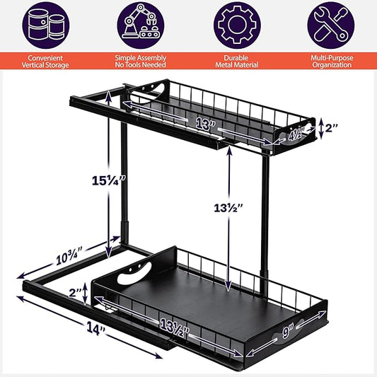 ClearSpace Under Sink Organizer, Pull Out Cabinet Organizer, 2 Pack - 2 Tier Slide Out Organizers and Storage Shelf - Metal Sliding Drawer for Kitchen Bathroom Pantry Cabinet Organization Rack, Black