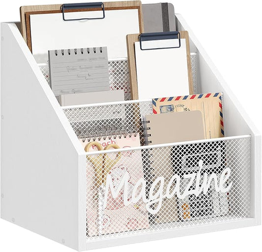 Magazine Holder, Wood Magazine Rack Floor, Mail Organizer Countertop, Magazine Mail Holder Sorter, Record Holder for Magazines, Books, Newspapers, Tablets, White MR02WW