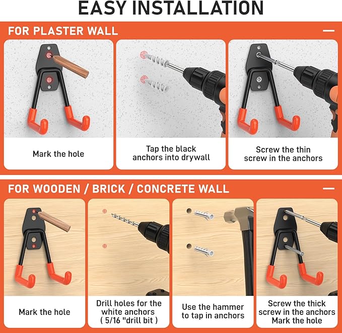 42 Pack Garage Hooks Heavy Duty, Rust-Resistant Solid Steel Wall Mount Hangers for Hanging Ladders & Bikes, Non-Slip PVC Coating Tool Organizer, 5 Sizes U & J Shapes + 6 Straps