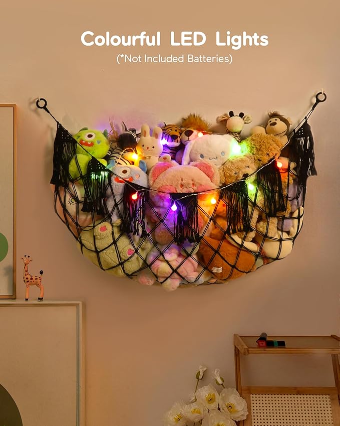 Creative Stuffed Animal Storage Hammock with Lights - Plushie Net Hammock for Stuff Animal Organizer and Teddy Bear Holder,Small Pet Net for Nursery Baby Bedroom Playroom Decor