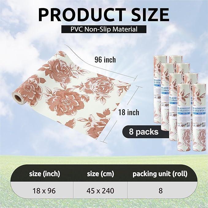 FIFTY FEET 18X96 Inch Shelf Liner for Kitchen Cabinets, PVC Drawer Liner for Dresser Non-Slip Bathroom, Non-Adhesive Cabinet Liner Washable (Red Flower)(8 Roll)