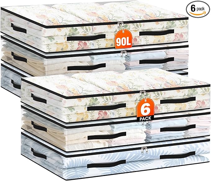 EdenDwell 6 Pack Under Bed Storage Bags, 90L Foldable Clear Storage Containers with Handles, Dual Zippers for Comforter, Clothes, Bedding, Linen Sheets, Sweaters, Blanket Storage