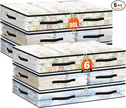 EdenDwell 6 Pack Under Bed Storage Bags, 90L Foldable Clear Storage Containers with Handles, Dual Zippers for Comforter, Clothes, Bedding, Linen Sheets, Sweaters, Blanket Storage
