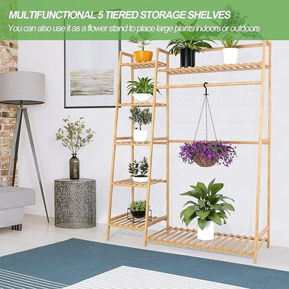 RELIANCER Bamboo Clothing Garment Rack,Free Standing Clothes Coat Hanger,Closet Organizer w/Shoe Rack,Multi-tiered Wardrobe Storage Shelves,Clothes Hanging Racks for Hall,Living Room,Bedroom,Entryway