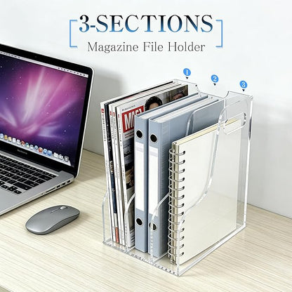 3-Tier Clear Acrylic File Holder, Vertical Document Organizer for Magazines, Binders, Notebooks & Envelopes - Multi-Purpose Desk Storage for Home Office（A4,3 Sections）