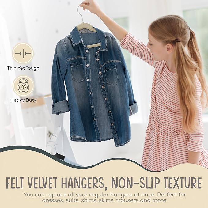 TechZoo 50 Premium Kids Velvet Hangers - 14" Non-Slip Clothes Hangers for Kids & Preteens - Ultra Slim, Space-Saving, Strong & Durable Hangers with 360° Swivel Hook - Ivory