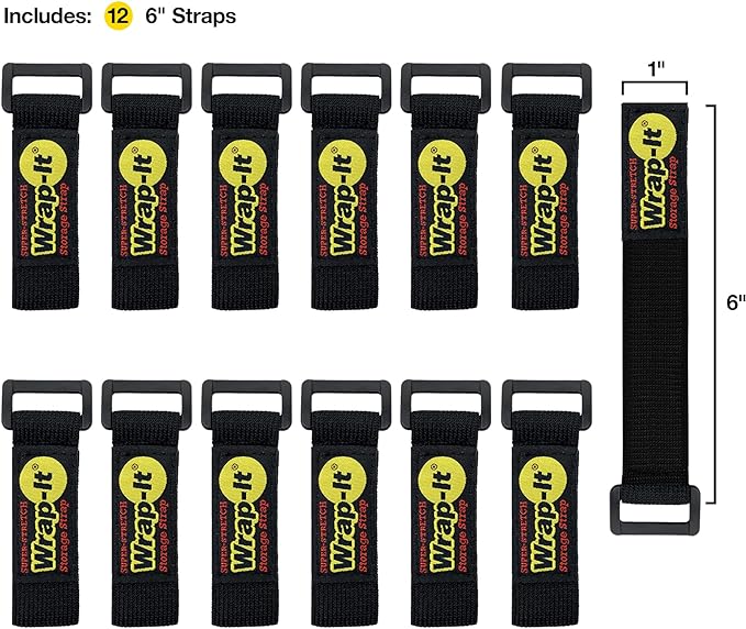 Super-Stretch Wrap-It Storage Straps, 6" (12 Pack) - Elastic Hook and Loop Cinch Straps - Extension Cord Organizer, Hose Strap, Cable Straps, Tool Strap, Cord Wrap, Cord Keeper and Cable Storage