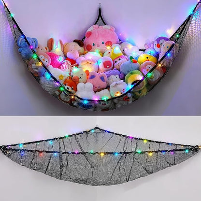 Unicorn Castle Stuffed Animals Net or Hammock Kids Toy Storage Organizer with LED Light Hanging Corner Stuffed Animals Holder Kids Girls Room Decor,Black,XLarge (Pack of 1)