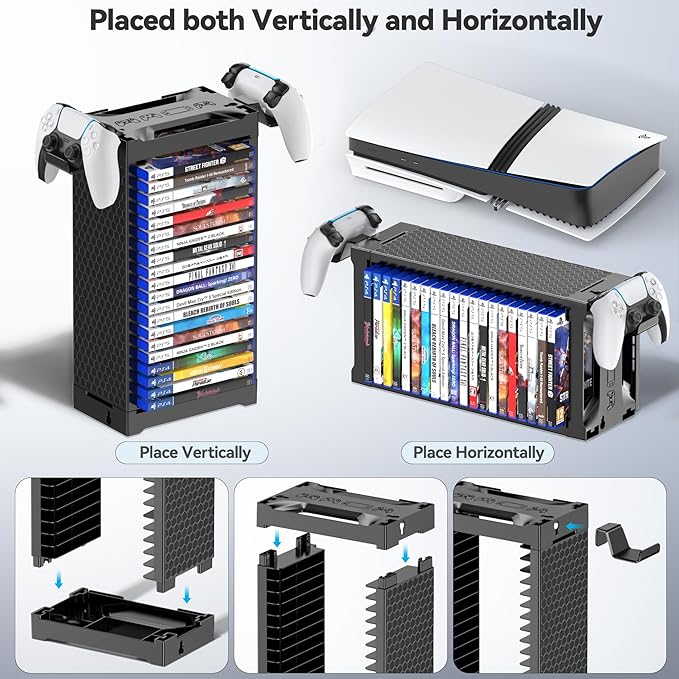 Video Game Storage Tower Holder with Controller Stand, Wall Mount Game Organizers and Storage for Nintendo Switch 2/ PS5/4/ XboxOne/Series, Vertical & Horizontal Stand for 20 Gaming Discs Accessories
