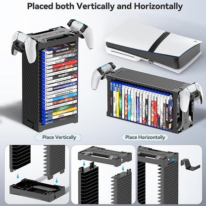 Video Game Storage Tower Holder with Controller Stand, Wall Mount Game Organizers and Storage for Nintendo Switch 2/ PS5/4/ XboxOne/Series, Vertical & Horizontal Stand for 20 Gaming Discs Accessories