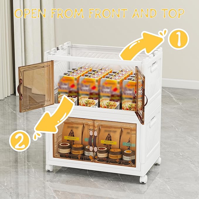 Vavkorkula Storage Bins with Lids and Wheels, 90QT-45QT*2Tier Collapsible Bathroom Storage Cabinet with Clear Doors, Plastic Stackable Closet Organizers and Containers White