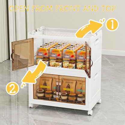 Vavkorkula Storage Bins with Lids and Wheels, 90QT-45QT*2Tier Collapsible Bathroom Storage Cabinet with Clear Doors, Plastic Stackable Closet Organizers and Containers White