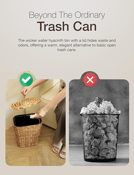 4 GALLONS Wicker Waste Basket - Wicker Trash Can with Lid - Water Hyacinth Bathroom Garbage Can with a Lid - Bathroom Trash Can Boho Style - Removable Liner, Iron Frame (Natural, 4 Gallons)