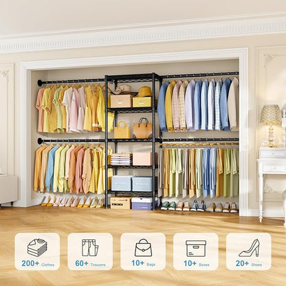 Ulif M2 Wall Mounted Closet System, Clothes Rack Mounted onto the Wall with 4 Expandable Hanger Rods and 5 Metal Shelves, Clothing Organizer Storage in (70.8-102.3)" L x 14.5" D x 71.2" H, Black