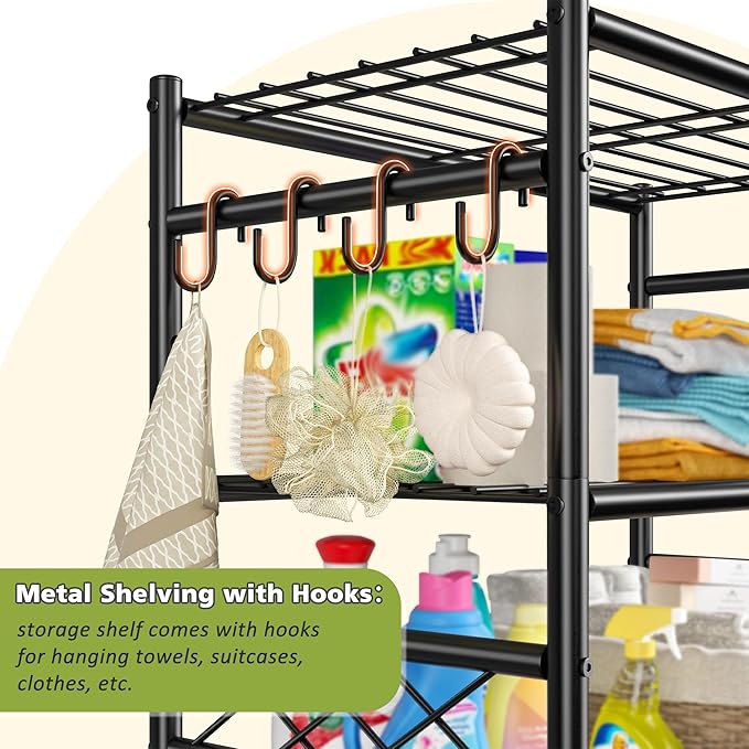 Metaling Shelving 5 Tier Shelf Organizer with Hooks,Storage Shelves Heavy Duty Garage Shelves Unit with Leveling Feet,Wire Shelving for Pantry, Kitchen and Closet,23.6" W x 13.8" Dx72.4 H
