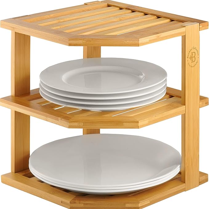Cabinet Organizer Shelf - Bamboo Corner Rack for Kitchen Counter, Cabinet Space Saver for Plates, Dishes, Bowls, Bread - Pantry and Bathroom Storage or Countertop - Useful Home & Housewarming Gift