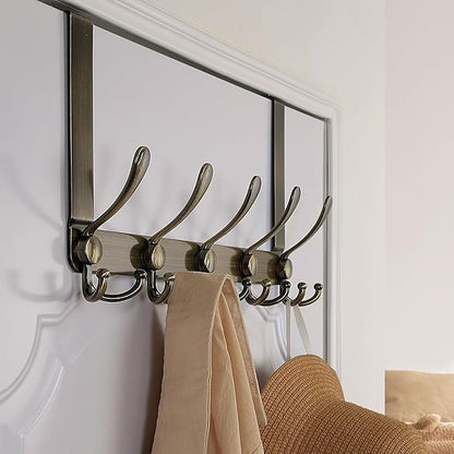 Dseap Over The Door Hook Hanger - Fits 1 3/8" to 1 3/4" Standard Doors | 5 Tri Hooks Heavy Duty Towel/Coat Rack | Door Organizer for Clothes, Jackets, Hats, Towels, Bronze