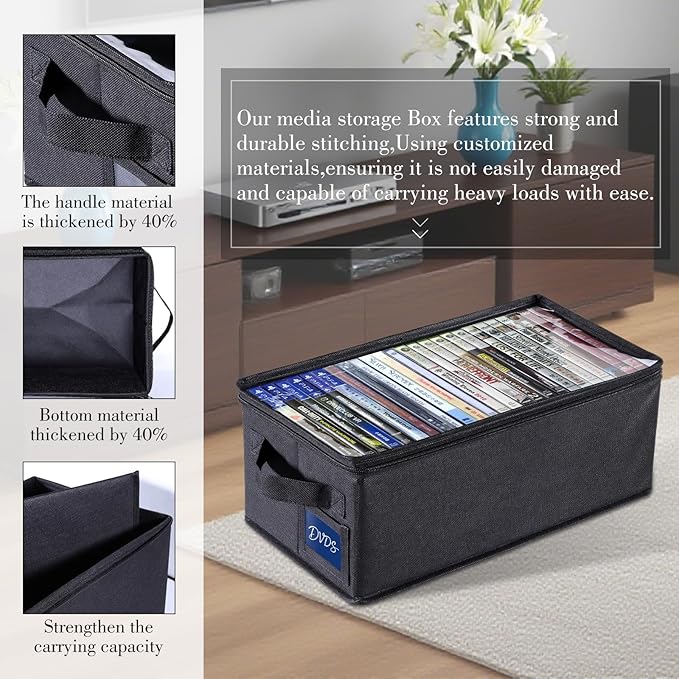 CCidea DVD Storage Box with Clear Window - 15.75" Foldable Media Organizer, Premium Zipper Closure, Holds 27+ DVDs, Dustproof Non-woven Fabric, Reinforced Handles & Label Slot (Black) (2)