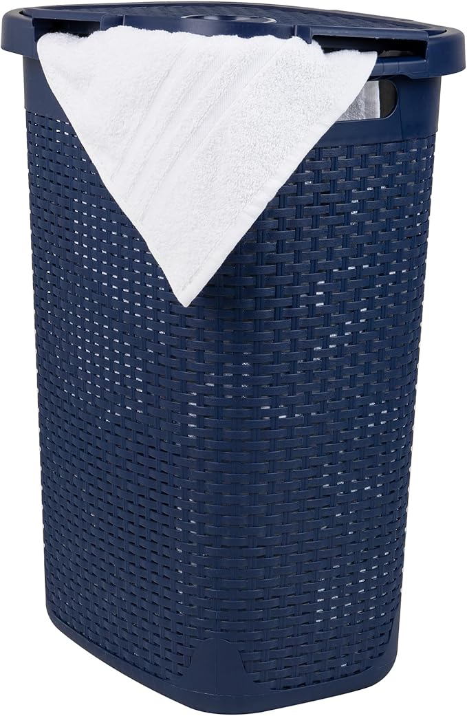 Mind Reader Slim Laundry Hamper with Lid, 60L Clothes Basket, Premium Wicker Design, Plastic, Navy