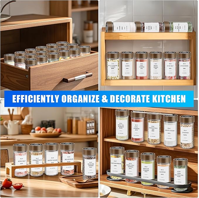 VIBRATITE 30 Pack Spice Jars with Acacia Lids, 4 oz Round Glass Jars Spice Containers Set with Labels, Pen, Funnel, Seasoning Storage Bottles with Shaker Lids for Rack, Cabinet, Drawer