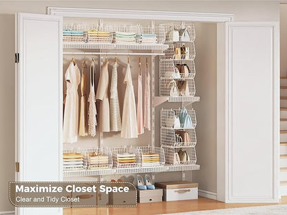 4" Extra Deeper Foldable Hanging Closet Organizer, Small Wire Cabinet Shelves and Storage with 5 S Hooks,4 Tier Metal Basket Bins for Clothes Sweaters Handbags, Wardrobe for Kitchen Laundry Room，White