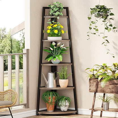 Tribesigns 70 inch Tall Corner Shelf, 5 Tier Industrial Corner Bookshelf Bookcase Industrial Corner Ladder Shelf Plant Stand for Living Room, Kitchen, Home Office (Grey)