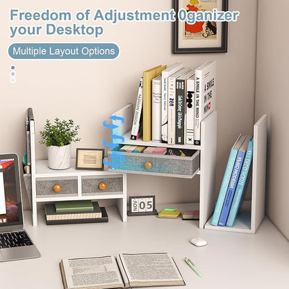 X-cosrack Adjustable Desk Shelves for Storage, Desktop Bookshelf with 3 Drawers, White Wood Desk Shelf for Top of Desk, Corner Desktop Organizer for Women Office