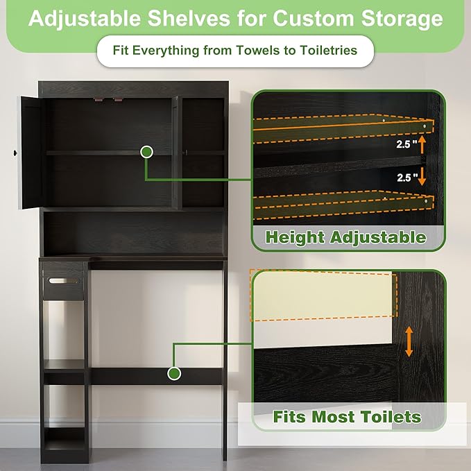 Nivisre Over The Toilet Storage Cabinet with 7 Shelves, Imitation Walnut Grain Above Toilet Bathroom Organizer with Toilet Paper Holder Stand, Space Saver for Restroom, Laundry, Bathroom (Black)