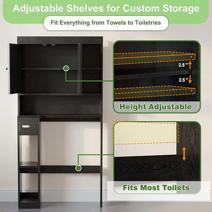 Nivisre Over The Toilet Storage Cabinet with 7 Shelves, Imitation Walnut Grain Above Toilet Bathroom Organizer with Toilet Paper Holder Stand, Space Saver for Restroom, Laundry, Bathroom (Black)