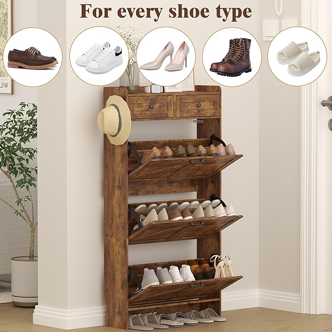Shoe Cabinet with 3 Flip Drawers & 2 Storage Drawers, Rustic Farmhouse Narrow Shoe Organizer Cabinet, Slim Shoe Rack Cabinet, Shoe Storage Cabinet for Entryway, Hallway, Front Door