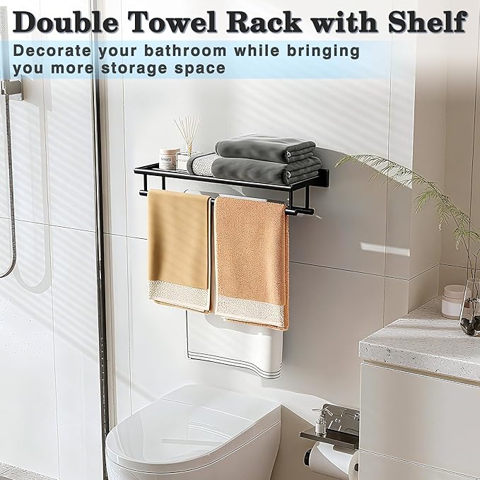 Alise Double Towel Rack for Bathroom Wall Mounted,24 Inch Bathroom Tower Holder Black Towel Rack with Double Towel Bars,SUS304 Stainless Steel Towel Bar Towel Rack with Shelf,Matte Black