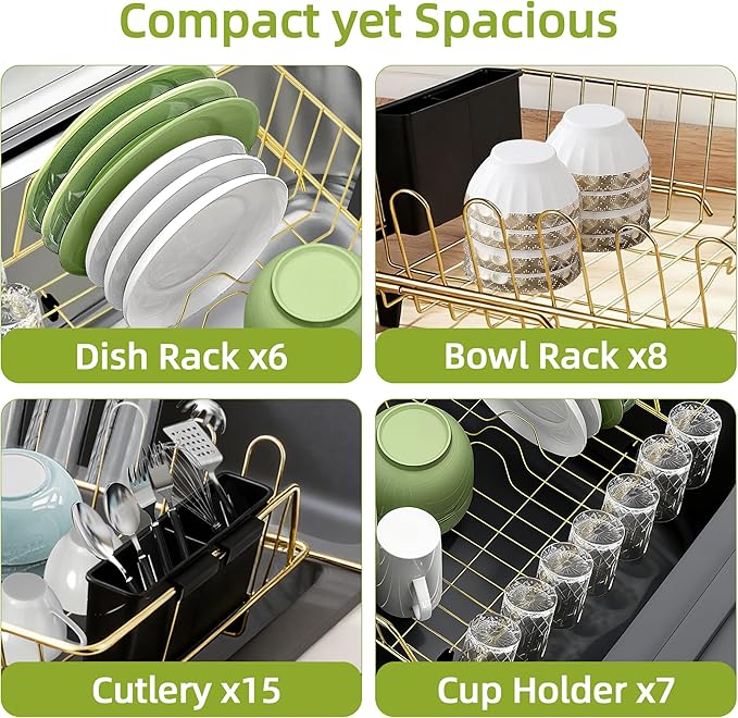 HAYAWEY Golden Expandable Dish Drying Rack-Extra Large Stainless Steel Dish Drainer Over The Sink for Kitchen Countertop with Utensil Holder, Applicable for Sink Width 16'-22' (Gold,23.2'*12.2')
